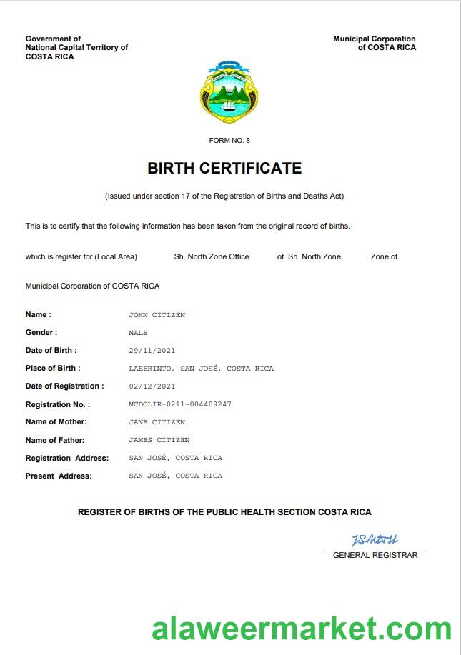 Costa Rica birth certificate Word and PDF template